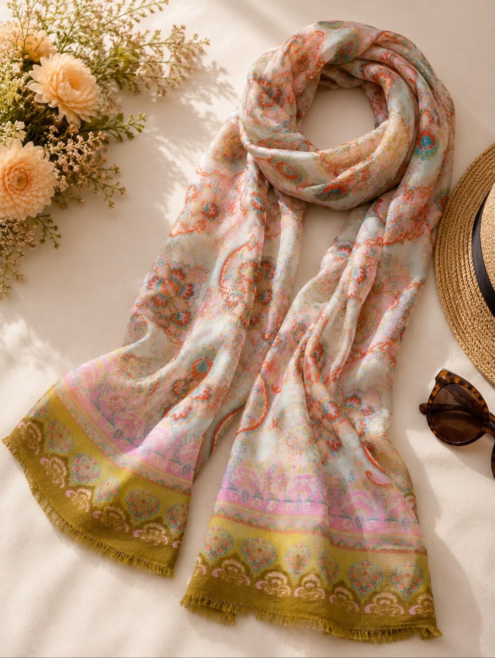 Oilily Paisley Scarf Modal Wool 14x66 Boho Floral Lightweight Wrap CC